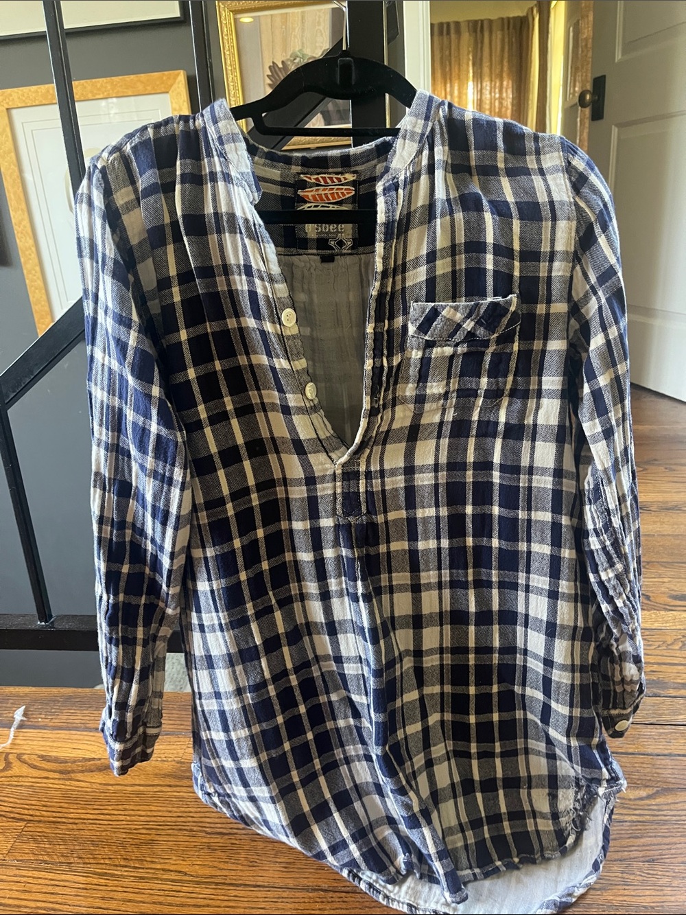 B’sbee Navy and White Plaid Henley Button Down Shirt